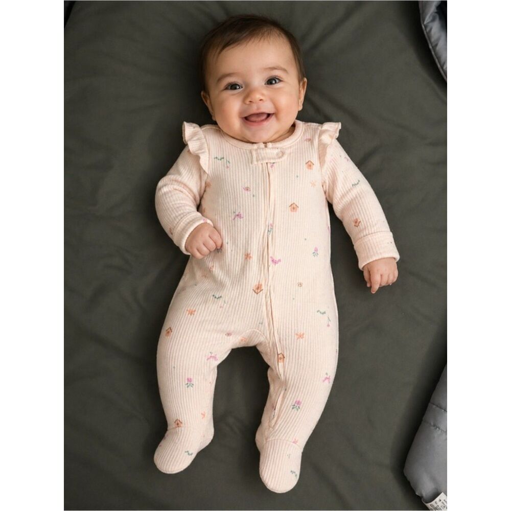 Ribbed Ruffle Shoulder Footed One-Piece in Light Pink 3M
